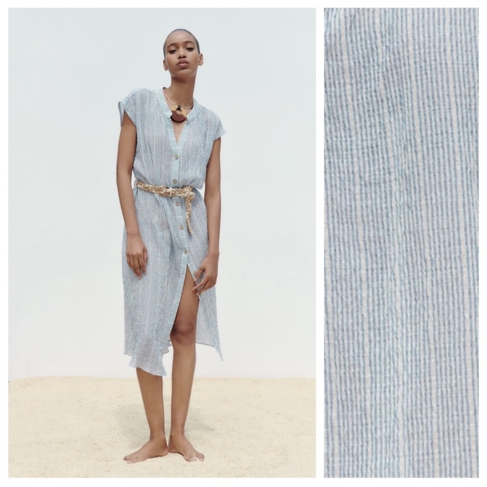 MEDIUM  Zara Blue/White Stripped Belted Midi Shirt Dress